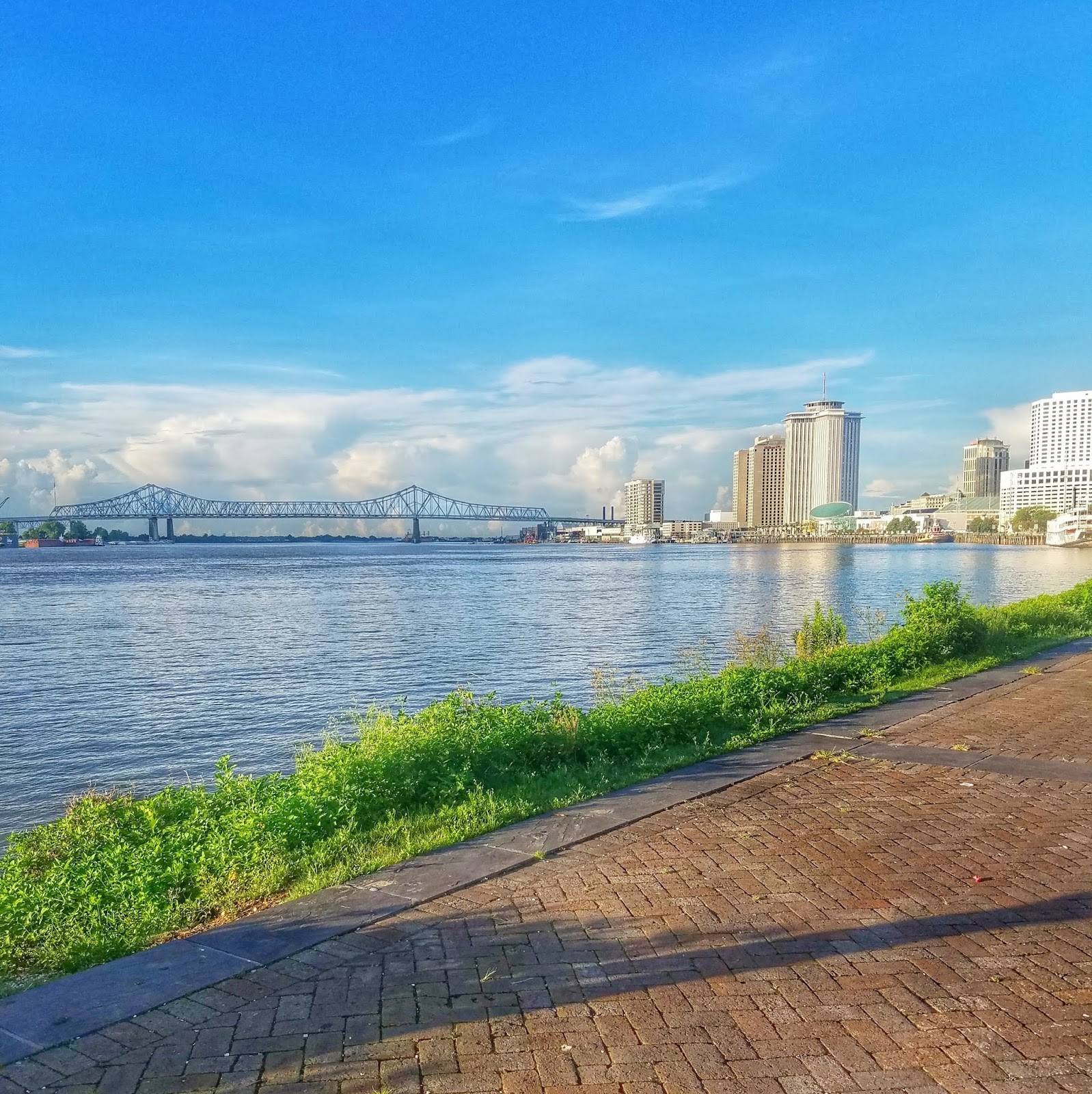 A picture of New Orleans, looking out over the mississippi river delta from the shore towards a bridge.